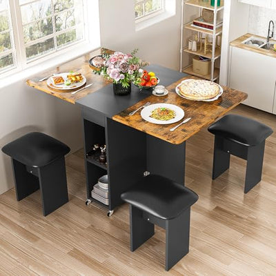 furlinkhm Folding Dining Table Set for 4, Dinner Table with 4 Leather Chairs and Shelves, Space Saving Foldable Dining Table with 6 Wheels, Kitchen Table for Small Spaces (Brown+Black)