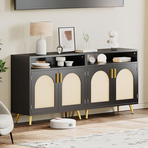 DWVO Buffet Sideboard Cabinet, Rattan Accent Storage Cabinet with Natural Rattan Doors, Modern Coffee Bar Cabinet with Adjustable Shelves 200 lbs Capacity for Kitchen, Living Room and Hallway, Black DWVO