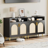 DWVO Buffet Sideboard Cabinet, Rattan Accent Storage Cabinet with Natural Rattan Doors, Modern Coffee Bar Cabinet with Adjustable Shelves 200 lbs Capacity for Kitchen, Living Room and Hallway, Black DWVO
