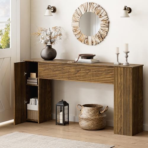 FABATO 61'' Fluted Long Console Table, Wooden Rectangular Sofa Table Behind The Couch, Narrow Entryway Table with 2 Hidden Storage Cabinets for Entrance, Hallway, Living Room, Foyer, Brown FABATO