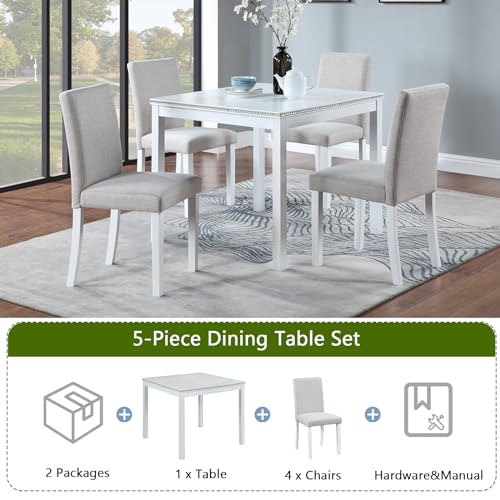 LUMISOL Dining Table Set for 4, 5-Piece Solid Wood Kitchen Table Set with 4 Upholstered Chairs for Kitchen, Dining Room, Home Bar, White LUMISOL