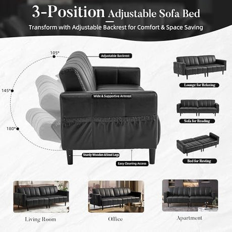 hausway 83”Faux Leather Futon Couch,Mid Century Modern Convertible Leather Sofa with Adjustable Backrest,Storage Pocket,Wooden&Steel Frame for Office,Living Room,Space-Saving,Black hausway