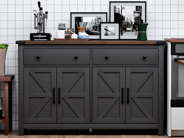 VVFLU 55" Sideboard Buffet Cabinet with Storage, Coffee Bar Cabinet with 2 Drawers and 4 Barn Doors, Long Storage Cabinet Modern Farmhouse, Black Wood, for Kitchen, Dining Room, Living Room VVFLU