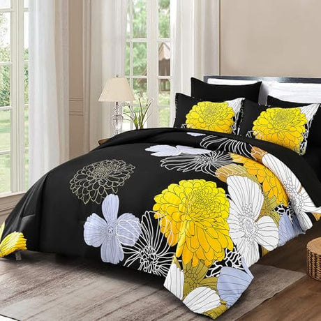 Black Yellow Comforter Set Full,Floral Bed in a Bag Comforter for All Season,7 Pieces(1 Comforter 1 Flat Sheet 1 Fitted Sheet 2 Pillowshams and 2 Pillowcases),Soft Microfiber Bedding Set 90" x78” Yiran