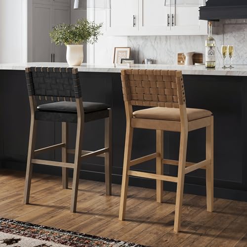 Nathan James Cohen Mid-Century Modern 29 in. Wood Bar Stool, Upholstered Faux Leather Bar Height Stool with Solid Wood Frame, Black - WoodArtSupply