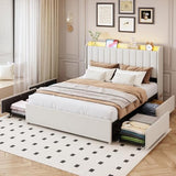 Full Bed Frame with 4 Drawers and Storage Headboard, Upholstered Platform Bed Frame Full Size with Led Lights and Handy Charging Station, No Box Spring Needed, Easy Assembly, Noise Free, Beige TIGUBFRE
