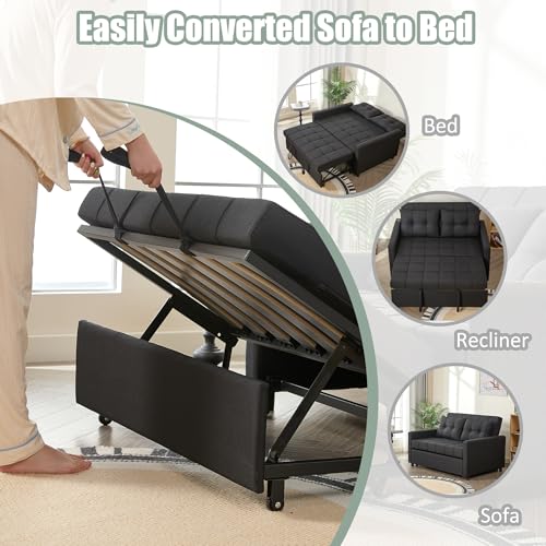 GOSUHI 52" Sleeper Sofa with Pull-Out Bed, 3-in-1 Convertible Sofa Bed, Set of Loveseat with Stepless Adjustable Backrest and Side Pocket, for Living Room Dorm Apartment, Linen, Black GOSUHI
