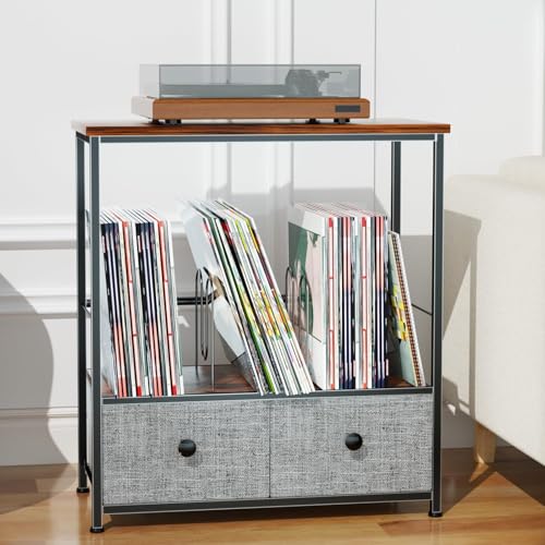 DALEMHOME Record Player Stand with Vinyl Storage, 2-Tier Record Shelf Table with Fabric Drawer, Holds Up to 110 Vinyl Records, Record Player Table for Turntable and Albums, 23.62"D × 11.81" W× 25.59"H DALEMHOME