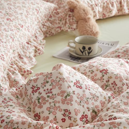 VM VOUGEMARKET Red Flower Comforter Set Queen Aesthetic Bedding Set Garden Style Blooming with Ruffle Pillow Shams for Teen Girls Bed in a Bag Flurry Comforter Set-90x90 Inch VM VOUGEMARKET