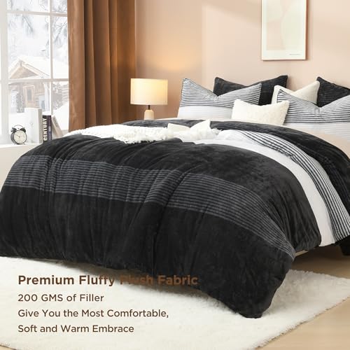 Litanika Fluffy Fleece Queen Comforter Set, Luxury Soft Plush Fuzzy Black & White Stripe Bedding Comforter Sets, Warm Shaggy Faux Fur Bed Set All Season (1 Comforter, 2 Pillowcases) Litanika