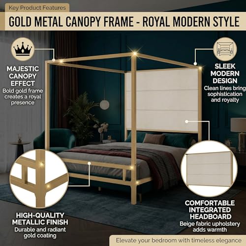 JIJIWANG Modern Gold Canopy Bed Frame with Tall Linen Fabric Upholstered Headboard Metal 4-Poster Bed, Box Spring Needed, (Queen,Gold)