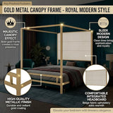 JIJIWANG Modern Gold Canopy Bed Frame with Tall Linen Fabric Upholstered Headboard Metal 4-Poster Bed, Box Spring Needed, (Queen,Gold)