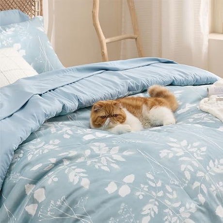 Bedsure Sky Blue Queen Comforter Set - 7 Pieces Floral Bedding Sets, Queen Bed in a Bag with Reversible Botanical Flowers Comforter, Sheets, Pillowcases & Shams Bedsure