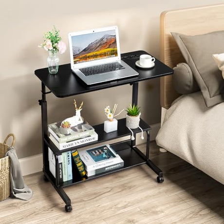 Karl home 31.5" Portable Rolling Desk on Wheels,Height Adjustable Standing Desk with 2 AC Outlets/3 USB Ports,Mobile Laptop Table with Hooks and Storage Shelves for Home Office，Black Karl home