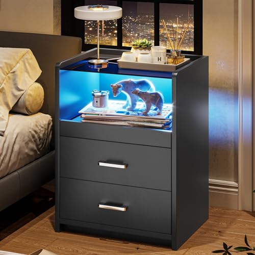 VIAGDO Nightstand with Charging Station and LED Lights, Black Night Stand with Glass Top and Storage Drawers, End Side Tables with Pull-Out Tray and USB Ports, Modern Bedside Tables for Bedro - WoodArtSupply