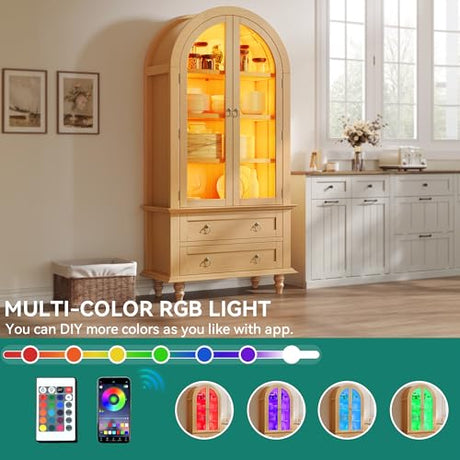 YITAHOME 73" Arched Pantry Cabinet with LED Lighting, 2 Drawers & Multi-Tier Shelves, Modern Farmhouse Kitchen Storage with Ambient Lighting for Dining Room, Natural YITAHOME