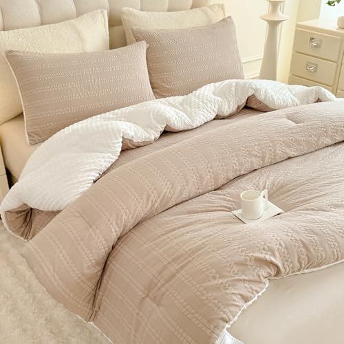 tohrisa Boho Comforter Set Twin Size Striped Pleats Bohemian Seersucker Bedding Set All Season Soft Cozy 2 Pieces Quilt with 1 Pillowcase(68"X90" Beige) tohrisa