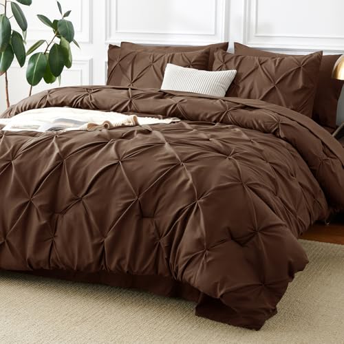 CozyLux Full Size Comforter Sets Brown, 7 Pieces Pintuck Bed in A Bag Brown Comforter Full Size, Pinch Pleat Bedding Sets with All Season Comforter, Sheets, Pillowcases & Shams
