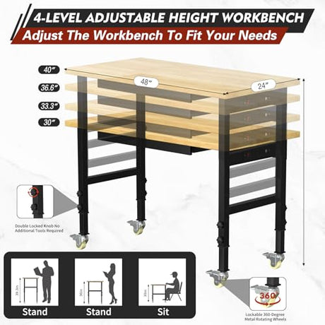 48 "Adjustable Workbench with Drawers, Heavy Duty Work Bench with Wheels & Power Outlets, 2000 LBS Load Capacity Wooden Workbench top for Garage, Workshop, Office, Home Big Lighting Deals