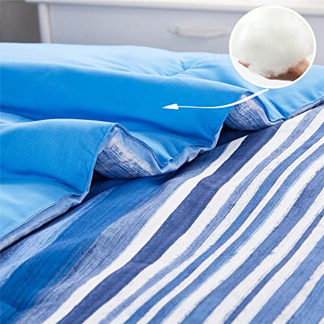 KAKIJUMN 7 Piece Bed in a Bag Stripe Comforter Set Full Size, White and Blue Patchwork Striped Comforter and Sheet Set, All Season Soft Microfiber Complete Bedding Sets(Blue,Full) KAKIJUMN