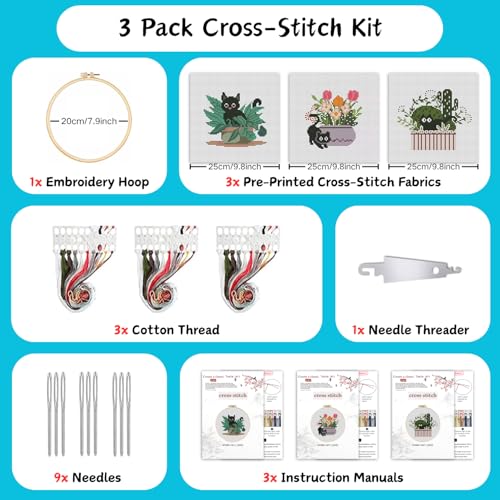 3 Pack Cross Stitch Kits for Beginners,Cute Cat Stamped Cross Stitch Kits for Adults with Embroidery Hoop,Plant Embroidery Kit 11CT Easy Partial Cross-Stitch Arts and DIY Crafts for Adults Home Decor