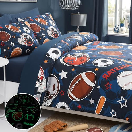 Wink Deer Twin Comforter Set for Boys-5 Pieces Sports Ball Games Glow in the Dark Twin Bedding Sets for Kids, Ultra Soft Bed in A Bag with Sheets Wink Deer