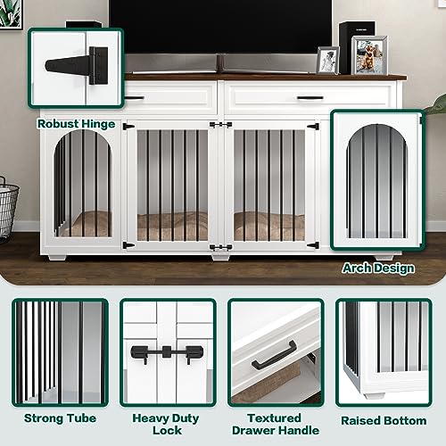 FFIQQ Double Dog Crate Furniture,74.8 Inch Dog Crate Kennel Furniture for 2 Large Breed Dogs,Heavy Duty Wooden Dog Crate with Divider&2 Drawers,White - WoodArtSupply