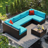 Shintenchi 7 Pieces Patio Furniture Sets Outdoor All-Weather Sectional Patio Sofa Set PE Rattan Manual Weaving Wicker Patio Conversation Set with Glass Table&Ottoman Cushion and Red Pillows, Blue Shintenchi