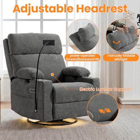 FiveWillowise Power Rocking Chair Nursery with Adjustable Armrests&Headrest, Glider Recliner Chair, Swivel Reading Chair with Electric Lumbar Support, Cup Holder, Nightlight and USB Ports, Grey FiveWillowise
