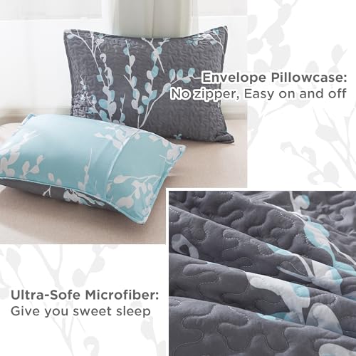 Andency Quilt King Size Grey Blue (106x96 Inch), 3 Pieces Floral Lightweight Bedding Set, Microfiber Reversible Flower Quilted Bedspread Coverlet with 2 Pillowcases for Men Women
