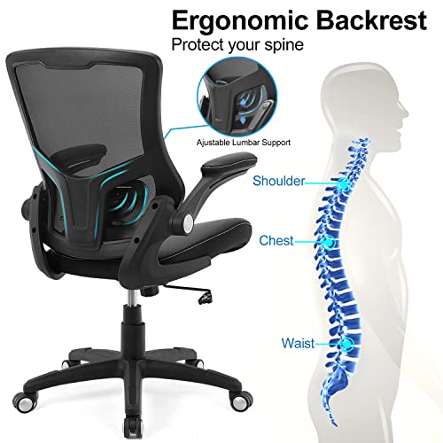 Office Chair Ergonomic Desk Chair, Computer PU Leather Home Office Chair, Swivel Mesh Back Adjustable Lumbar Support Flip-up Arms Executive Task Chair X XISHE