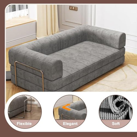 Doppeltcharms 79" 5-in-1 Convertible Sleeper Sofa Bed, No Assembly Corduroy Modular Futon Couch with Fixed Metal Armrests, Compressed in a Box, Pet-Friendly Sofa for Living Room Apartment, Dark Grey Doppeltcharms
