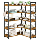 DUMOS 65 inch L Shaped Bookshelf, 5 Tier Corner Bookcase with Hooks and Edge, Industrial Pantry Shelves with Metal Frame, Wooden Open Storage for Living Room, Home Office, Bedroom, Rustic Brown DUMOS