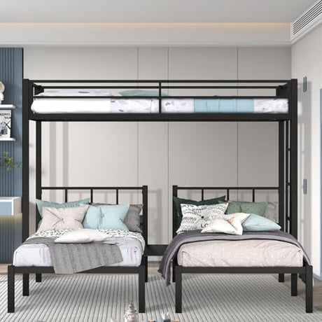 Zevemomo Twin Over Twin & Twin XL Bunk Bed, Metal Triple Bed with Safety Protect and Ladder, Convertible 3 Beds, No Boxing Spring Needed, Black Zevemomo