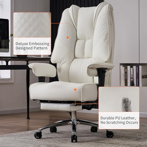 EXCEBET Big and Tall Office Chair 400lbs Wide Seat, Leather High Back Executive Office Chairs with Foot Rest, Ergonomic Lumbar Support for Lower Back Pain Relief (White) EXCEBET