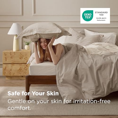 Bedsure 100% Washed Cotton Duvet Cover Queen Size - Frosted Almond Minimalist Cotton Duvet Cover Linen Like for All Seasons - GentleSoft™ Plain Simple Bedding, Frosted Almond, Queen, 90"x90" Bedsure