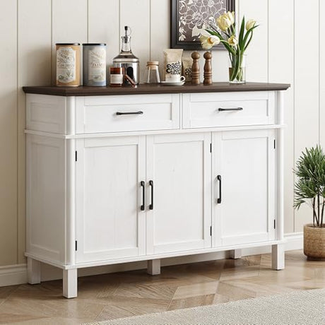 48 Inches Buffet Cabinet with Storage, Farmhouse Sideboard Buffet w/2 Drawers and 3 Doors, Wood Coffee Bar Cabinet with Adjustable Shelves, Sideboard Storage for Kitchen, Living Room, Off White ONBRILL