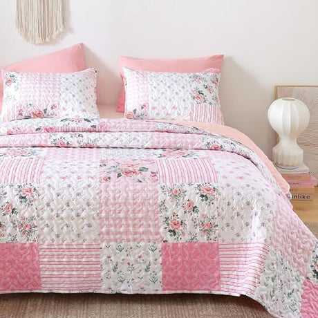 YIKUSH Quilt Sets Queen Size Floral Quilt Set 3 Pieces Bedding Set Bedspreads Pink Comforter Blanket with 2 Pillow Cases- Ultra Soft Floral Coverlet with Printed Pattern 90in.x 90in YIKUSH