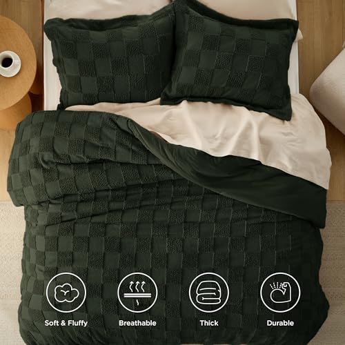 Bedsure King Size Comforter Set Dark Olive Green, Boho Tufted Bed Set, Checkered Farmhouse Shabby Chic Bedding, 3 Pieces, 1 Plaid Geometric Comforter and 2 Pillow Shams Bedsure