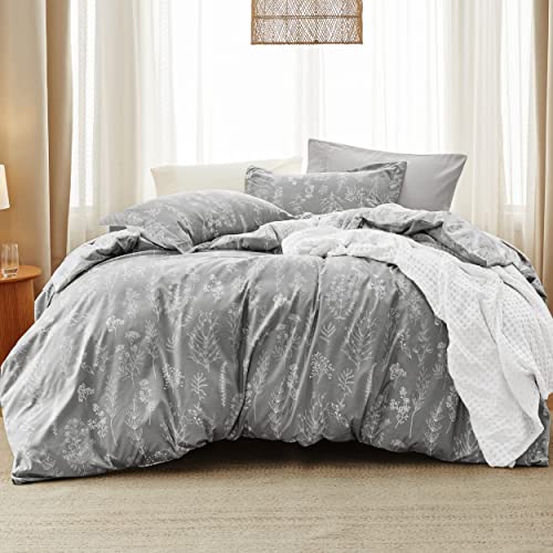 Bedsure Twin/Twin XL Comforter Set - Grey Bed Set, 2 Pieces Cute Floral Bedding, 1 Soft Reversible Botanical Flowers Comforter and 1 Pillow Sham Bedsure