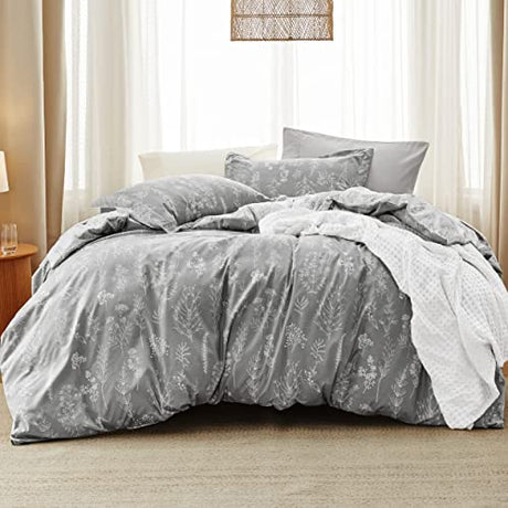 Bedsure Twin/Twin XL Comforter Set - Grey Bed Set, 2 Pieces Cute Floral Bedding, 1 Soft Reversible Botanical Flowers Comforter and 1 Pillow Sham Bedsure