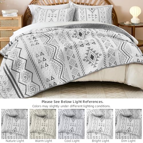 Drucon Boho King Size Aztec Quilt Set 3 Pieces Grey Ultra Soft Lightweight Quilt Beddding Set, Microfiber Bohemian Bedspread Coverlet Set with 2 Pillowcases for All Season (King, 104"x90") Drucon