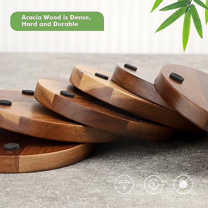 Wood Cork Coasters for Drinks Absorbent with Holder, Acacia Wood Coaster Sets Rustic Farmhouse for Coffee Table Dining Table Wooden Table Coasters for Desk, Set of 6 4.33in