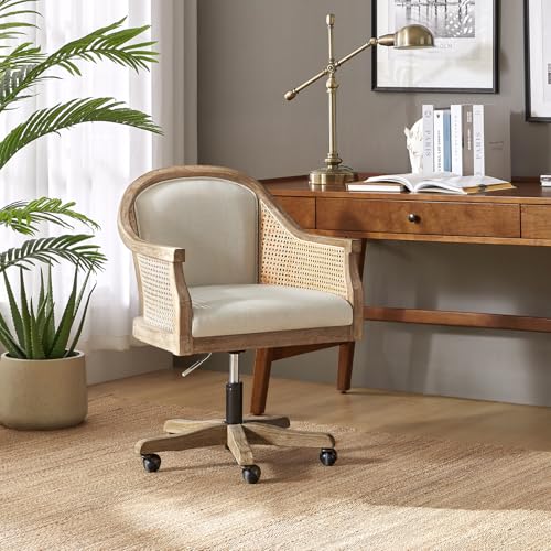 TINA'S HOME Rattan Desk Chair, Upholstered Home Office Chair with Armrest, Adjustable Swivel Rolling Height Computer Task Chair for Living Room Bedroom Study Room, Ivory TINA'S HOME