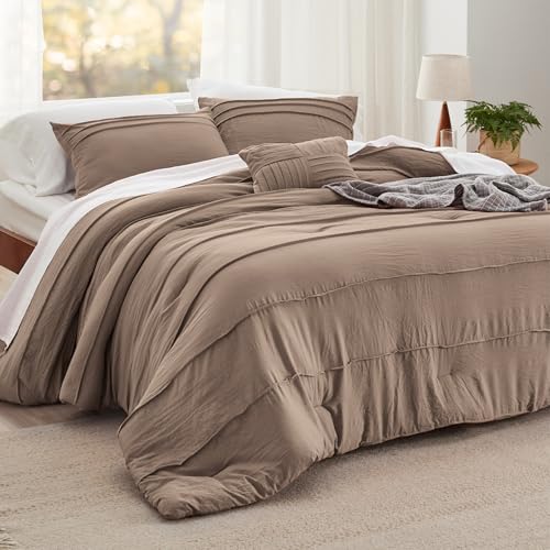 Bedsure Brown King Size Comforter Set - 4 Pieces Pinch Pleat Bed Set, Down Alternative Bedding Sets for All Season, 1 Comforter, 2 Pillowcases, 1 Decorative Pillow Bedsure