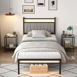 CollaredEagle Twin Bed Frame with LED Lights & Charging Station, Metal Platform Bed Frame with Fabric Upholstered Headboard, No Box Spring Needed, Noise Free, Easy Assembly, Black CollaredEagle