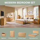 Aitjunz Modern King Size Bed Frame with 50" Tall Headboard, Wood King Size Platform Bed Frame w/3 Storage Drawers, Curved Profile Design, Wood & Steel Platform Bed, No Box Spring Needed, Natural Oak Aitjunz