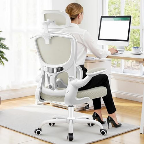 ALLGOD Ergonomic Office Chair, Mesh Desk Chair with Lumbar Support, High Back Home Office Chair with Adjustable Headrest and Flip-Up Arms, Comfortable Computer Chair, Thick Cushion, 300 LBS, White ALLGOD