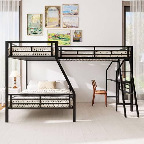 Merax Twin Over Full L-Shaped Bunk Bed with Loft & Desk, Triple Sleeper Metal Bunk Bed with Guardrails for Bedroom, Black Merax