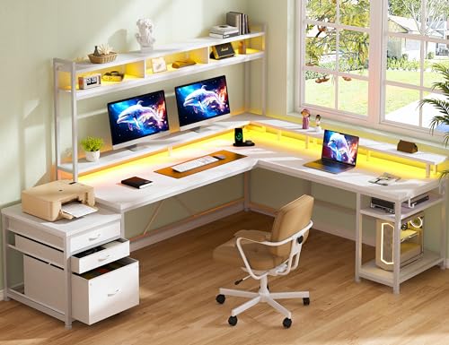 EnHomee Computer Desk with Drawers 66" Reversible Gaming Computer Desk with LED Light & Power Outlets White L Shaped Gaming Desk with Monitor Stand & Shelves Home Office Desks for Gaming Room EnHomee